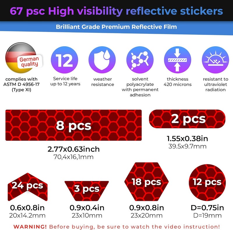 Loom Reflective Stickers | 67pc Brilliant Red | Reflective Stickers for Helmet, Bike, Motorcycle, Hard Hat | Waterproof Reflectors for Car, Trailer | Bike Reflectors for Night Riding - Image 3